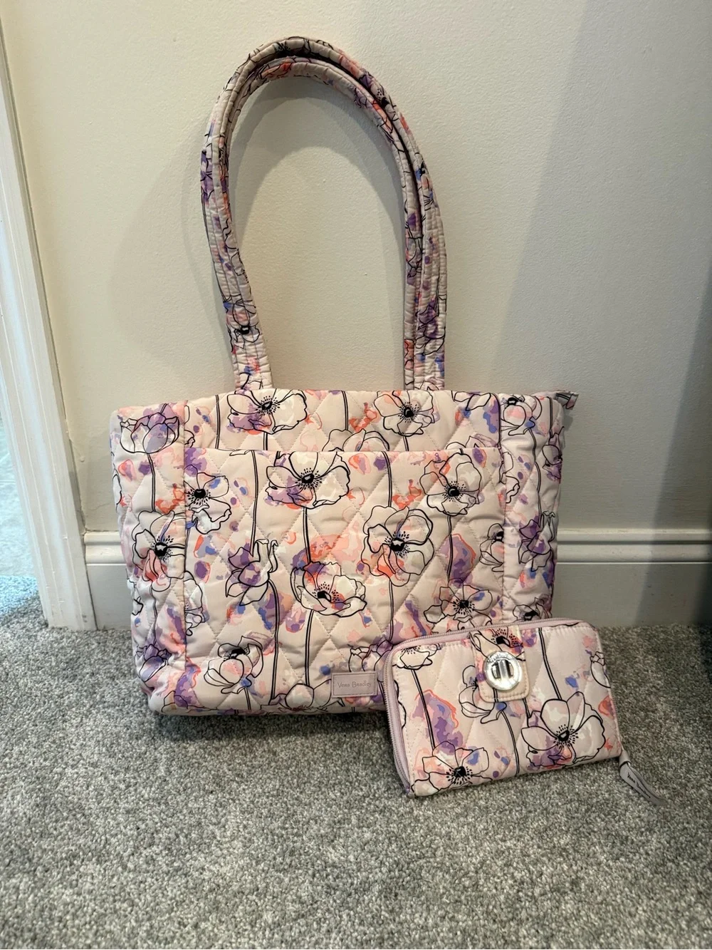 Vera Bradley Perennials Gray Small Vera Tote + Turnlock Wallet EUC Retired Set